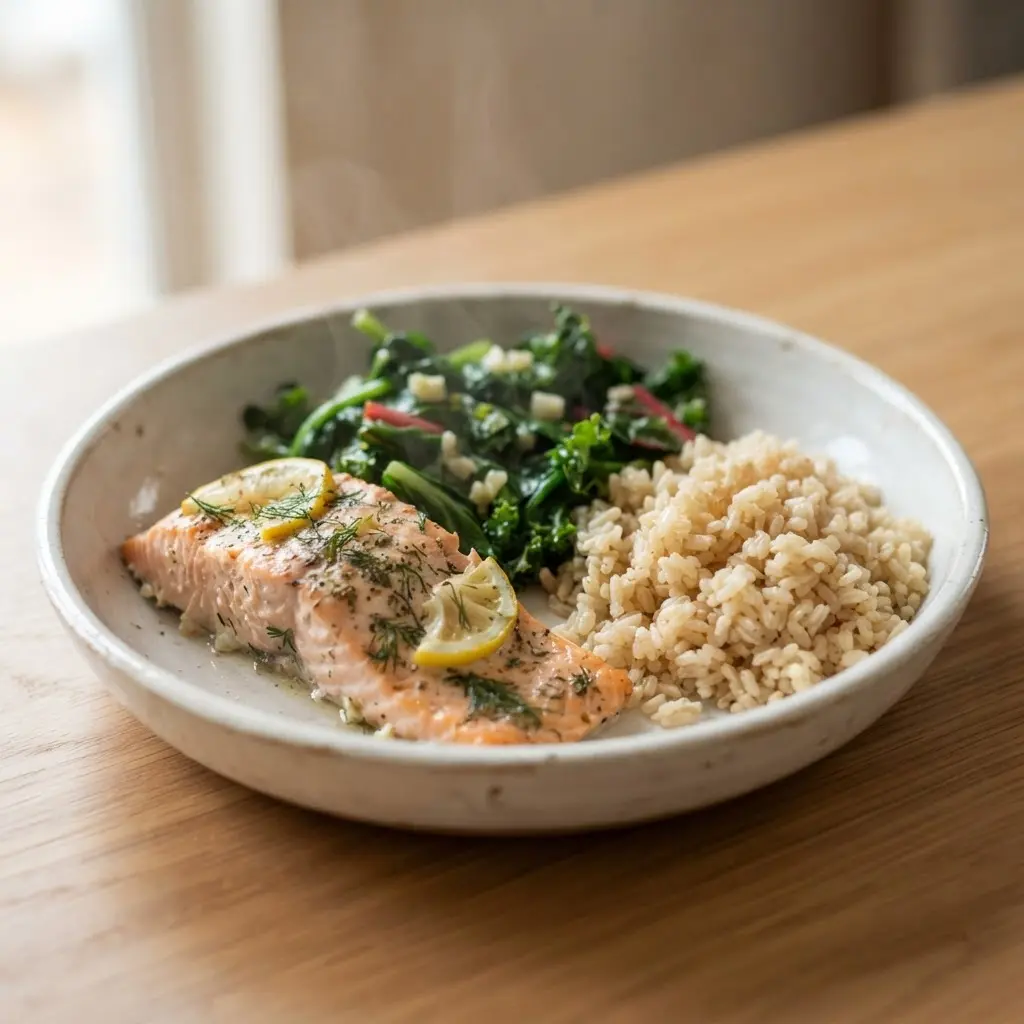 Salmon, leafy greens, and brown rice fill a balanced plate for reasons why you shouldn't skip dinner.