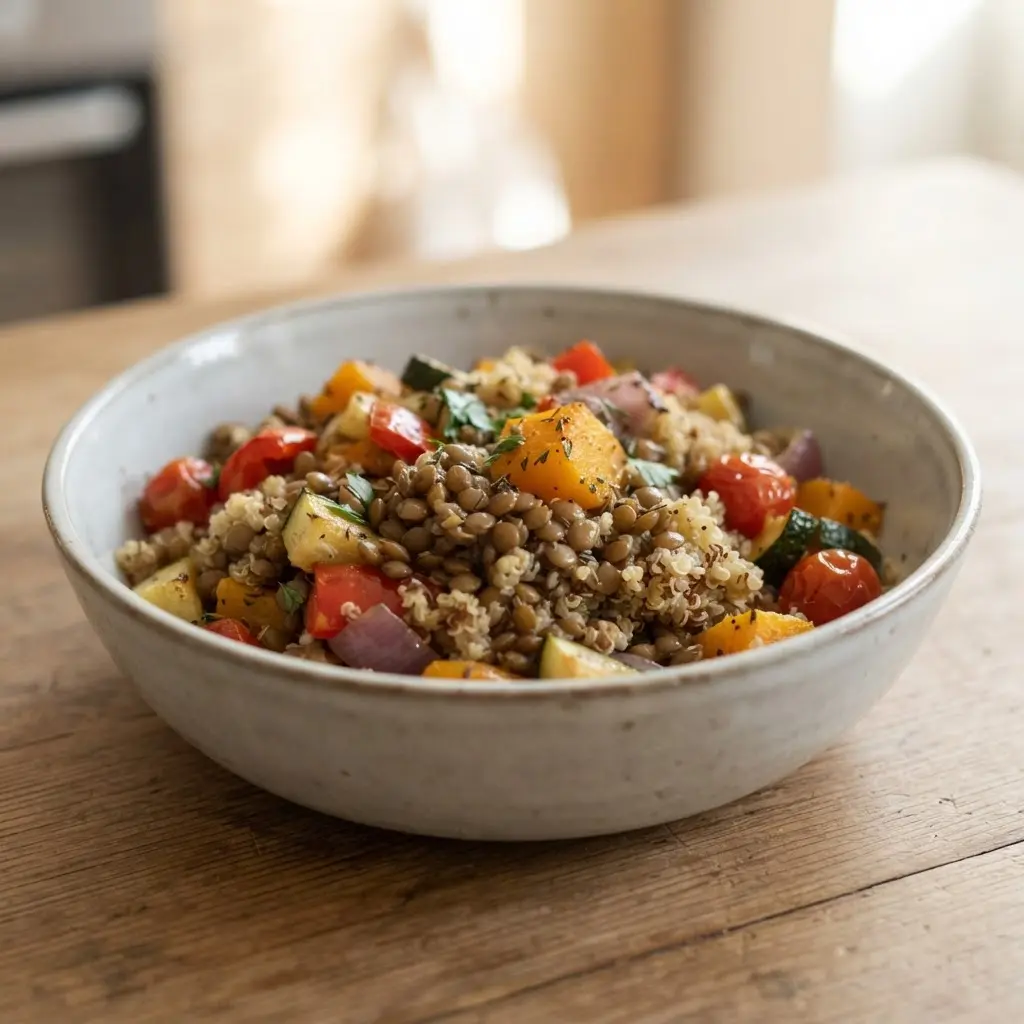 Warm bowl with lentils, roasted vegetables, and quinoa on a clean evening table.