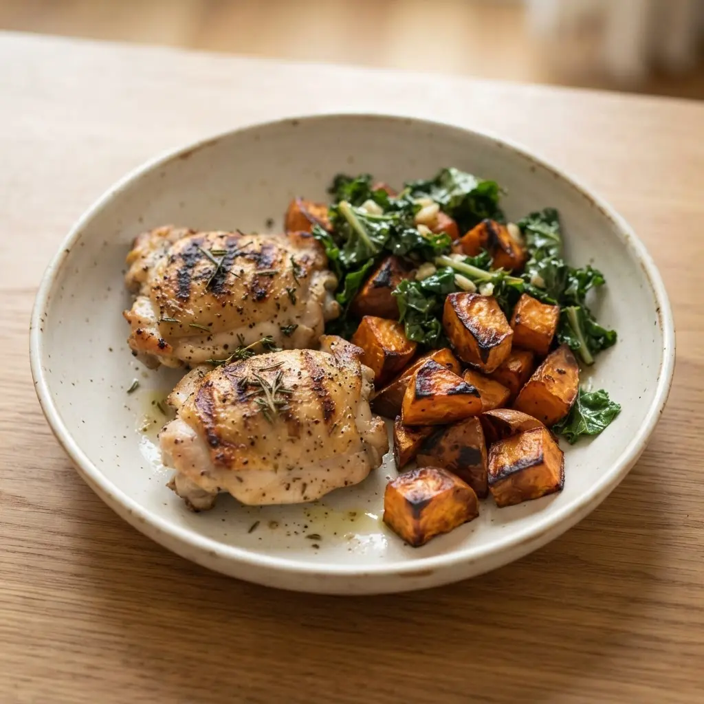 Balanced dinner plate with chicken, sweet potato, and greens showing nutrient-rich evening eating.