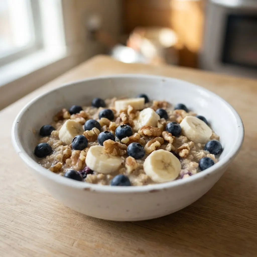 Oatmeal with berries, walnuts, and milk arranged beside a soft bedside lamp.