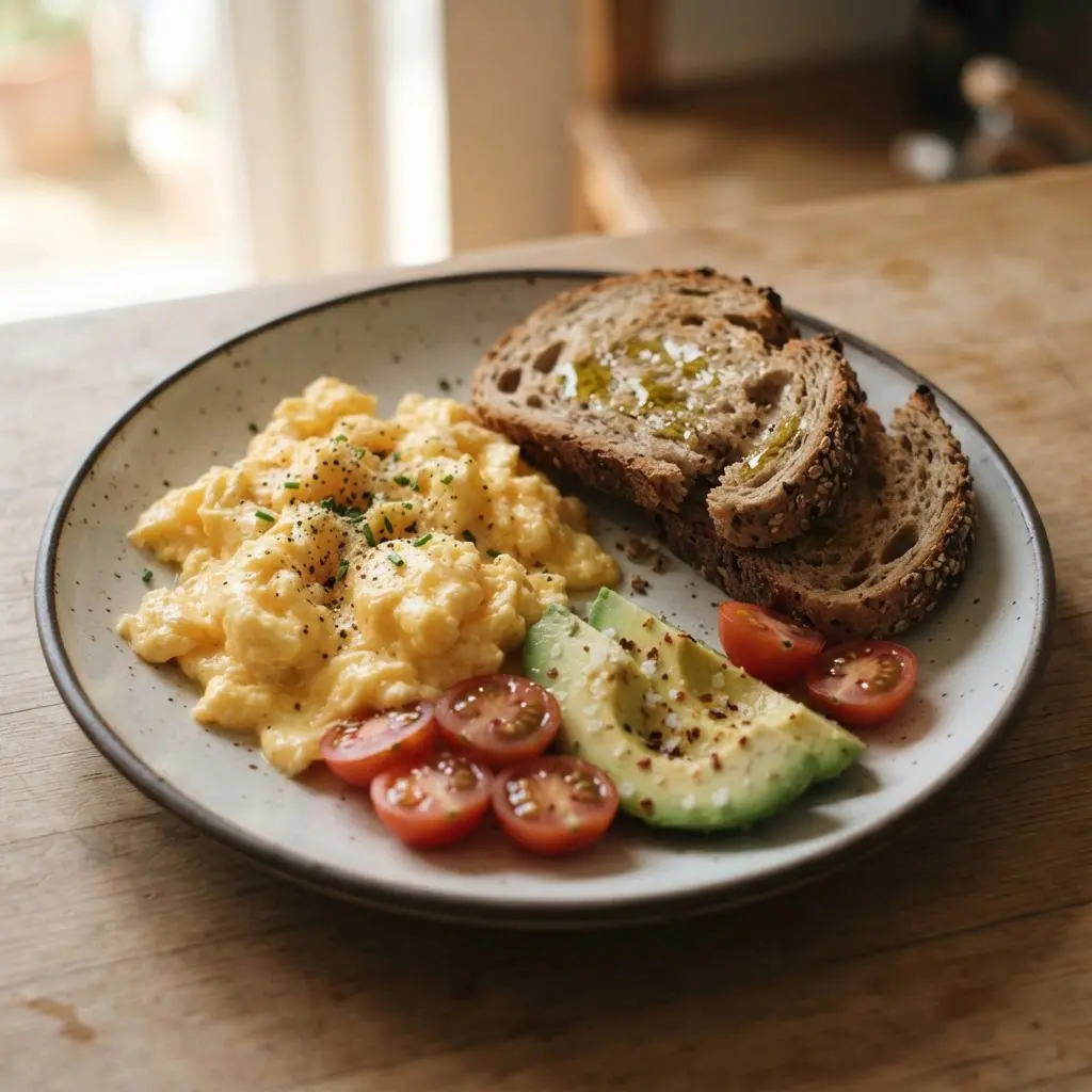 Eggs, whole grain toast, sliced tomatoes, and avocado arranged on a bright ceramic plate.