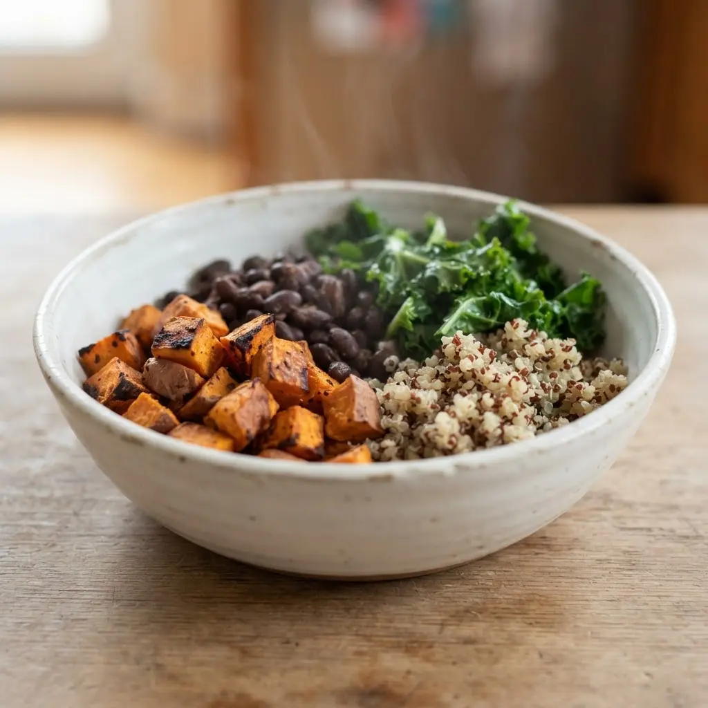 A bowl of vegetables, beans, and whole grains beside supplement bottles shows nutritional gaps from fad diets.