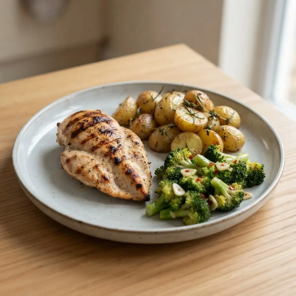 A simple plate with lean protein, potatoes, and greens beside a scale represents muscle loss during rapid weight change.
