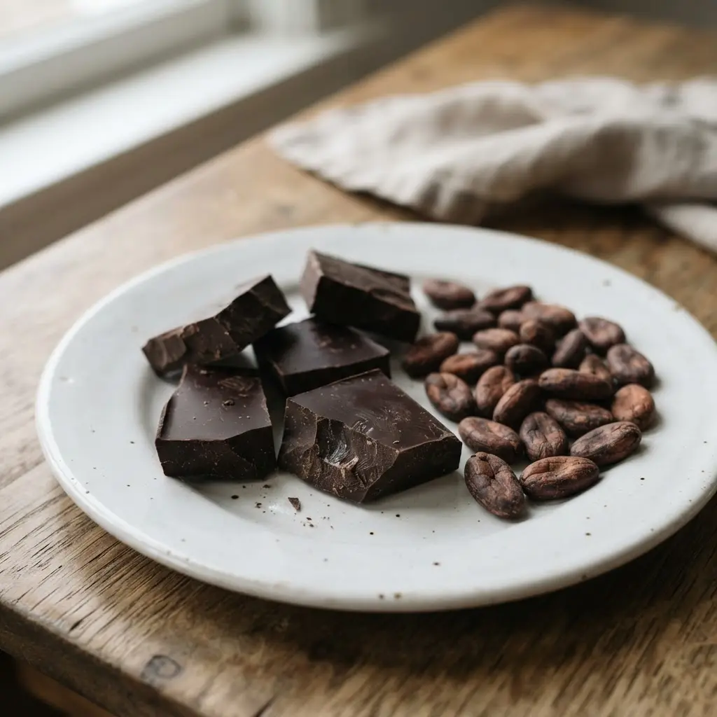 Broken dark chocolate squares beside cocoa beans on a white plate, representing reasons you should take more dark chocolate.