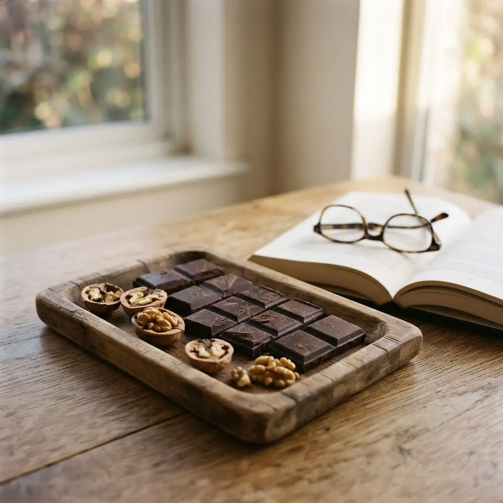 Person reading near a small plate of dark chocolate squares and walnuts in soft morning light.
