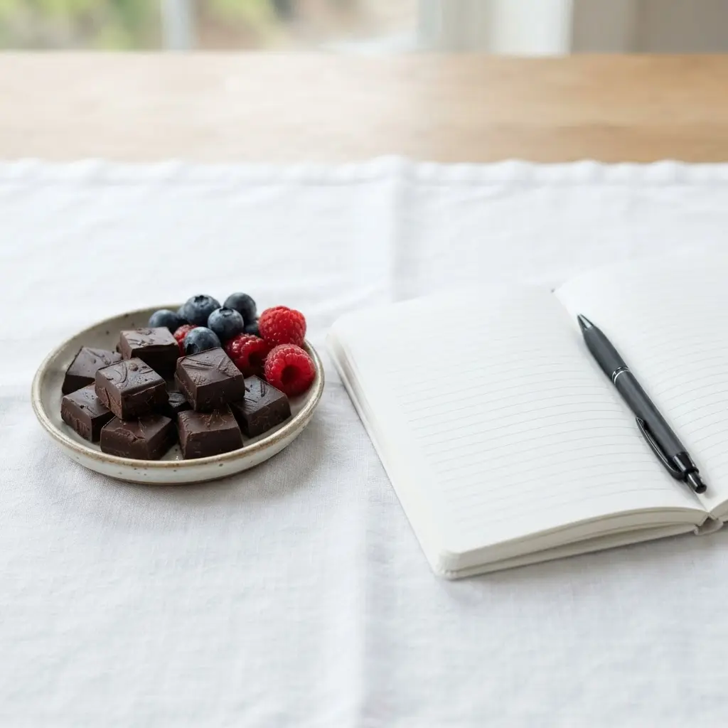 Dark chocolate squares beside berries and a glucose journal, showing reasons you should take more dark chocolate.