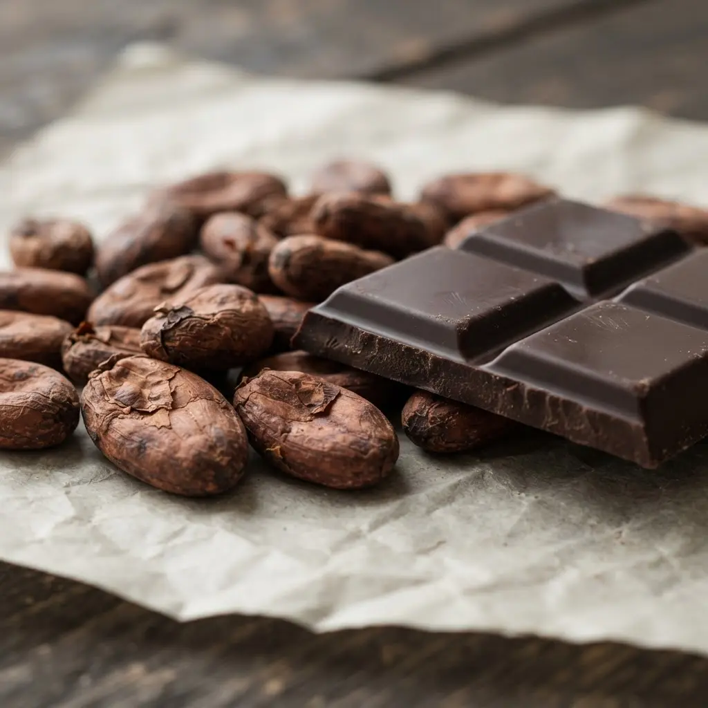 Close view of cocoa beans and dark chocolate with a high cocoa percentage on parchment.