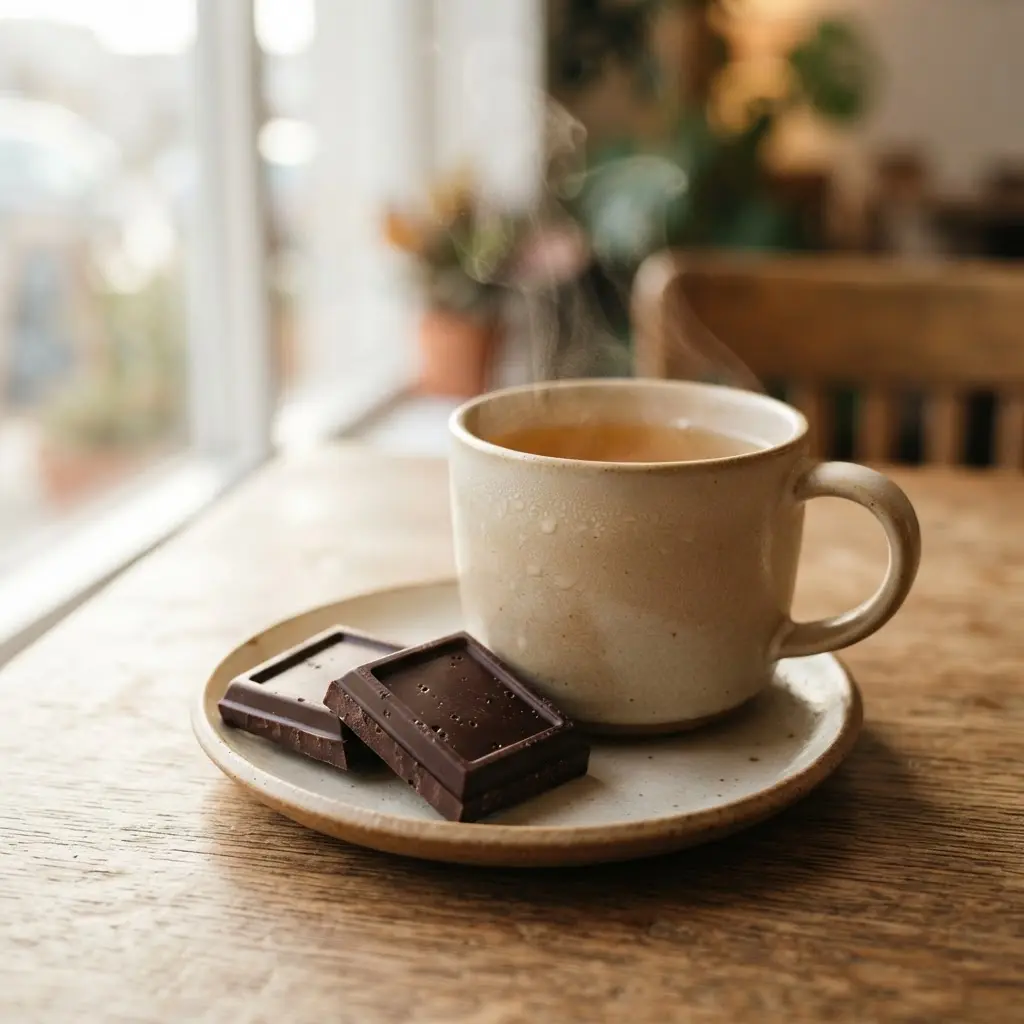 A person holds two dark chocolate squares beside tea, showing reasons you should take more dark chocolate.