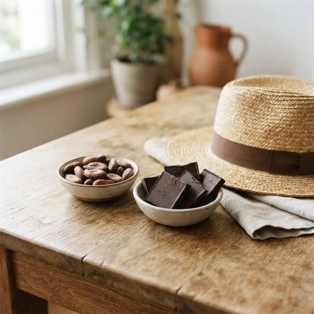 Dark chocolate squares and cocoa beans beside a sun hat on a bright wooden table.