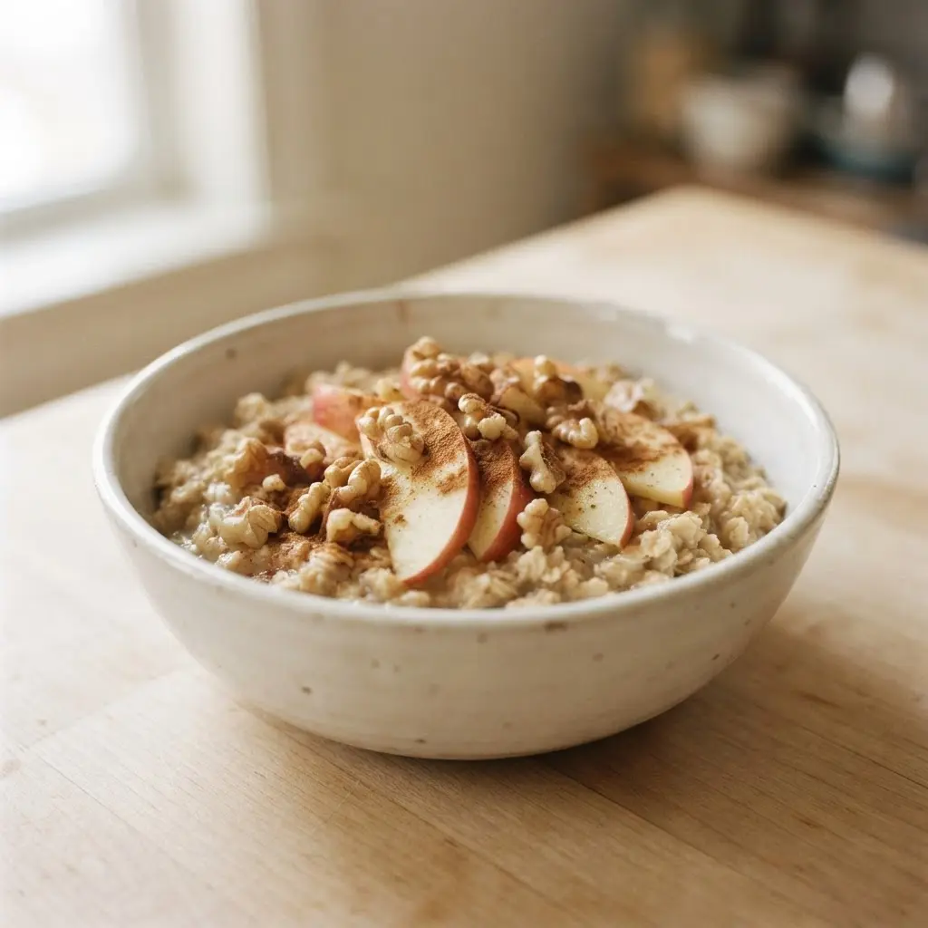 Creamy apple cinnamon walnut oatmeal bowl with sliced apples and toasted walnuts, a recipe to make you love oatmeal.