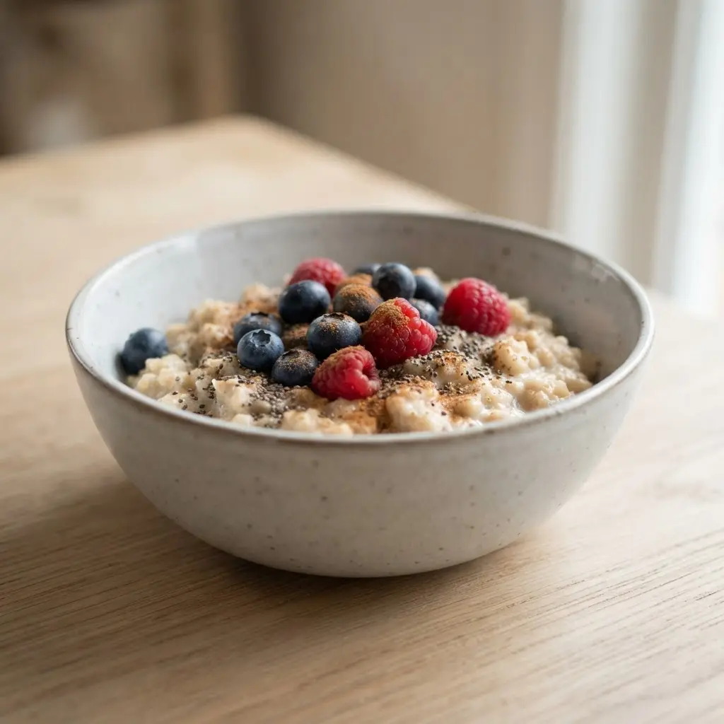 Chai spiced berry oatmeal in a white bowl, topped with blueberries, raspberries, chia seeds, and cinnamon.
