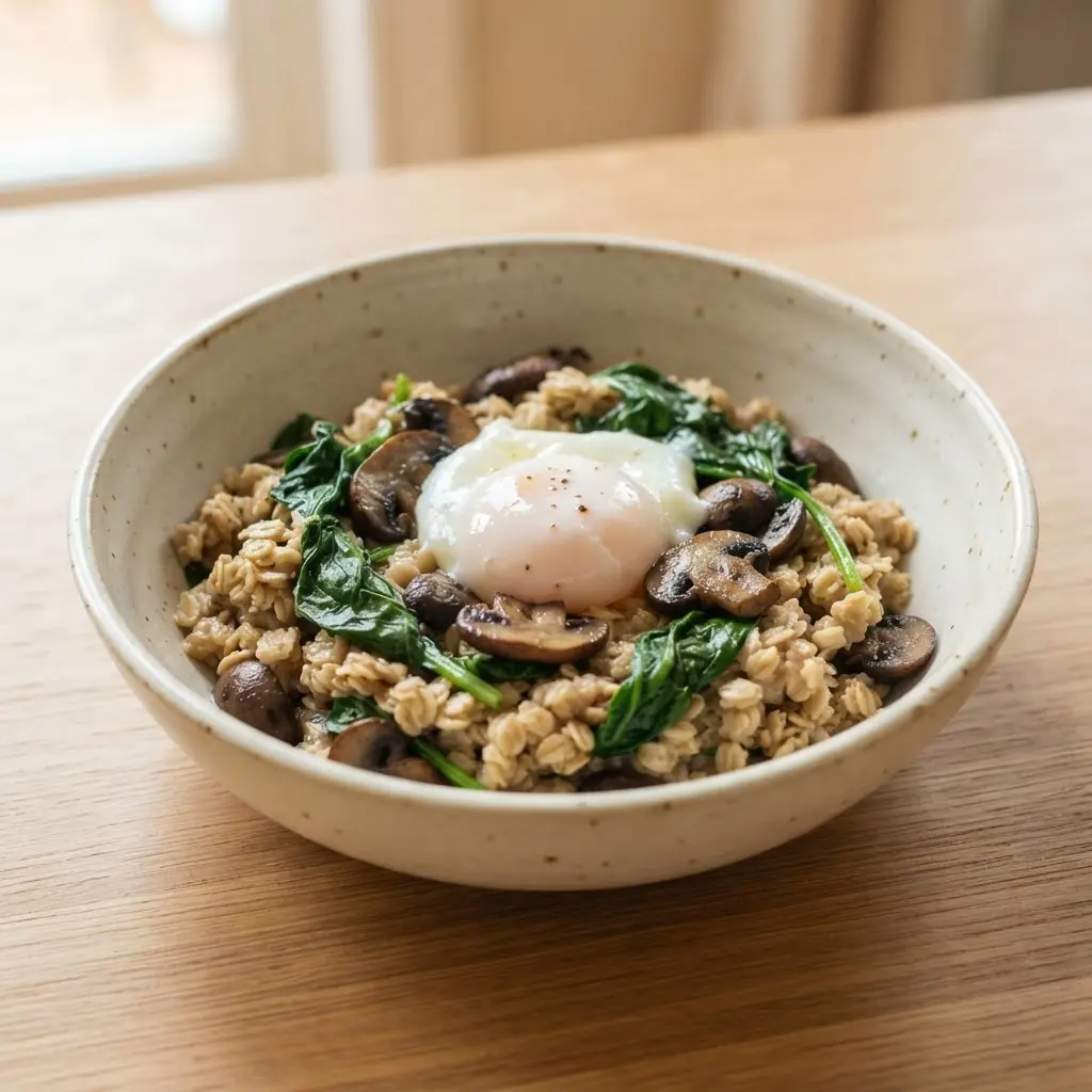 Savory mushroom spinach egg oatmeal bowl with greens and a soft egg, one recipe to make you love oatmeal.