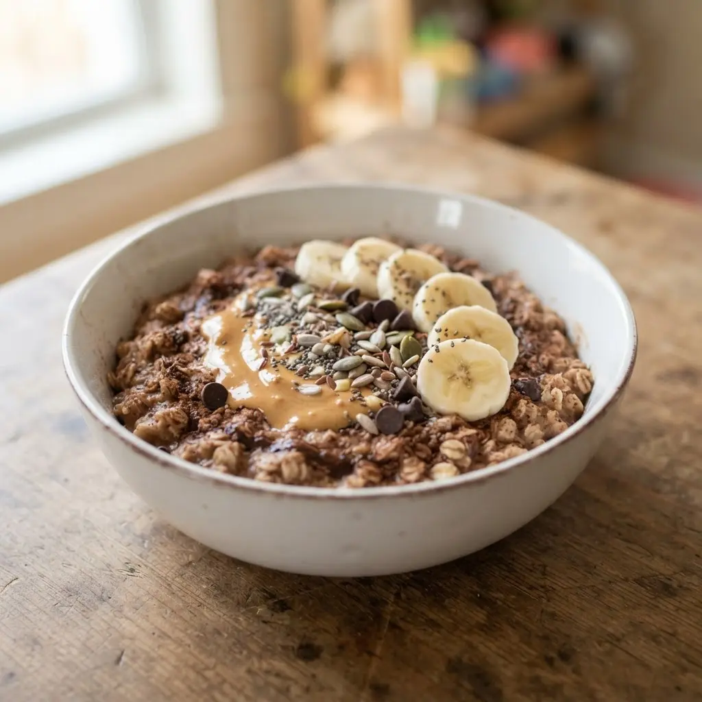 Chocolate peanut butter banana oatmeal in a bowl with banana slices, cocoa, peanut butter, and crunchy seeds.