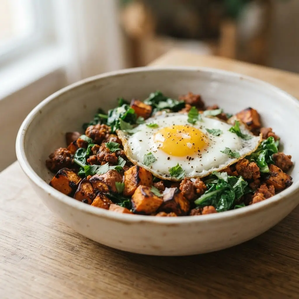 Charred sweet potato, chorizo, fried egg, and baby kale fill a bowl for spicy spring breakfast ideas.