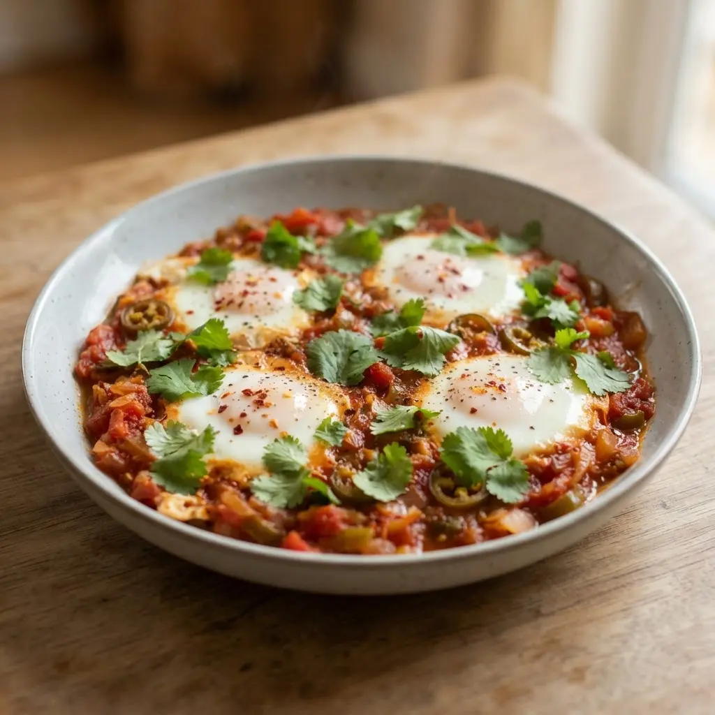 Jalapeño shakshuka sits in a skillet with eggs, tomato sauce, cilantro, and sliced radishes.