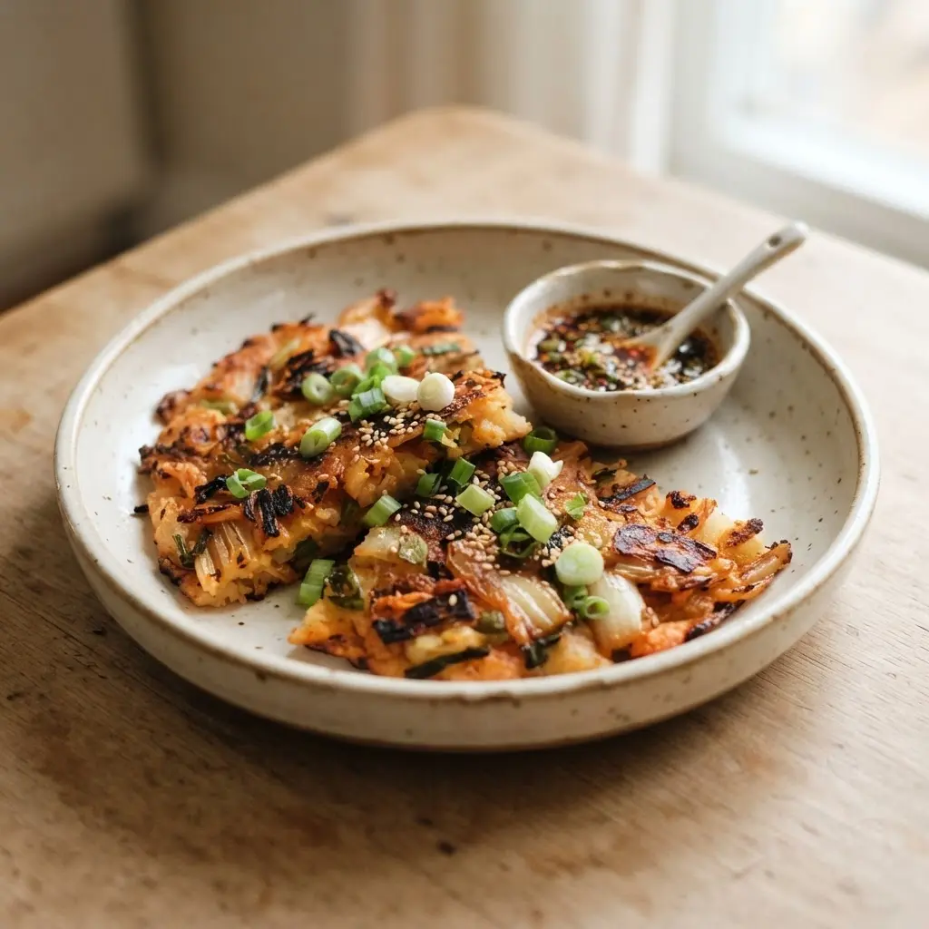 Golden kimchi scallion pancakes rest on a plate beside a small bowl of glossy chili dip.