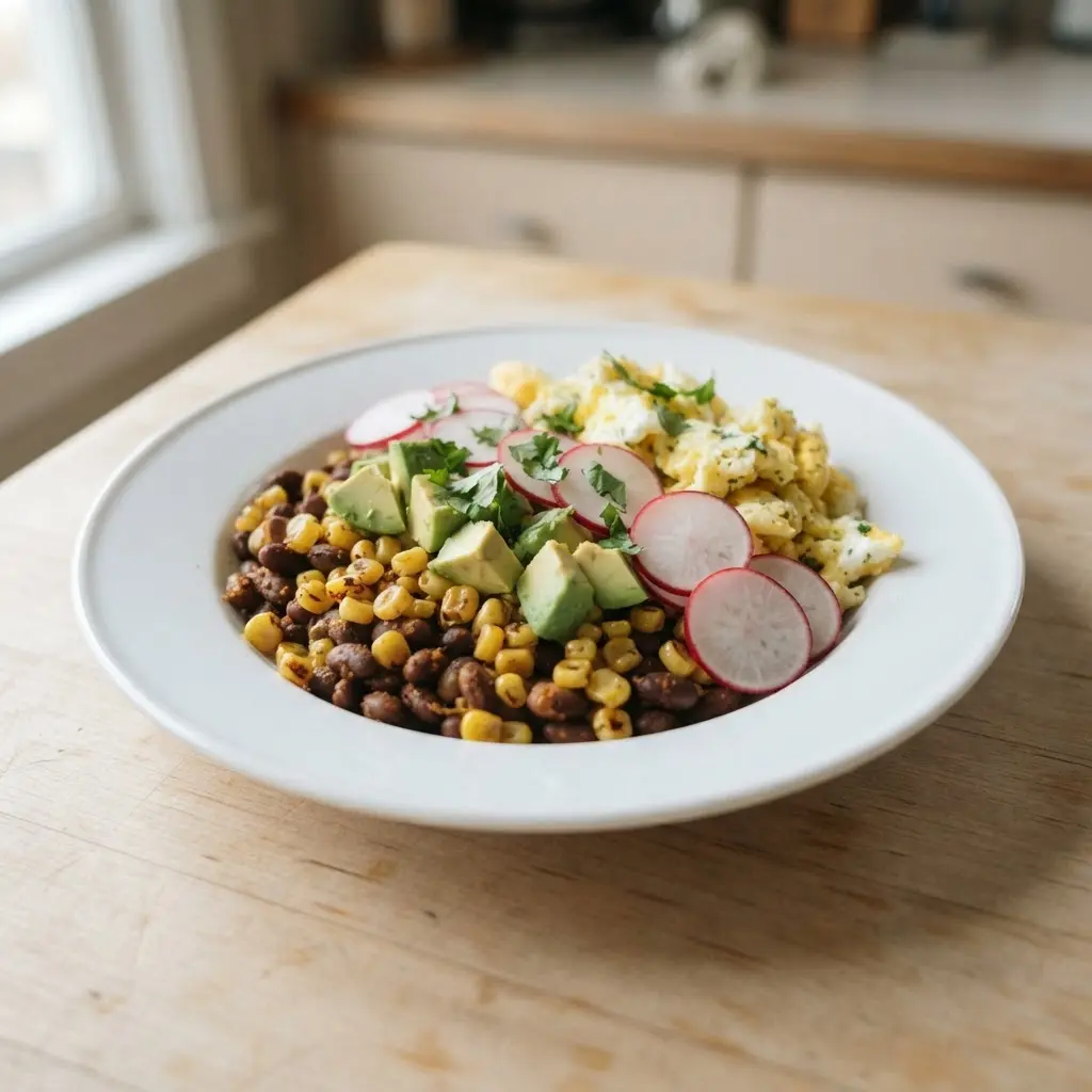 Black beans, corn, avocado, radishes, eggs, and chipotle sauce fill a bowl for spicy spring breakfast ideas.