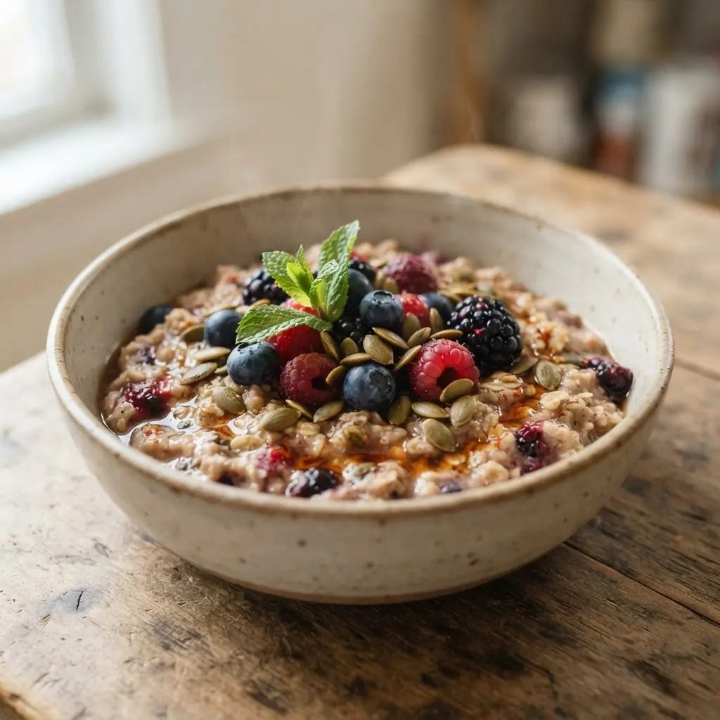 Creamy oatmeal holds berries, mint leaves, pumpkin seeds, and a thin drizzle of chili maple.