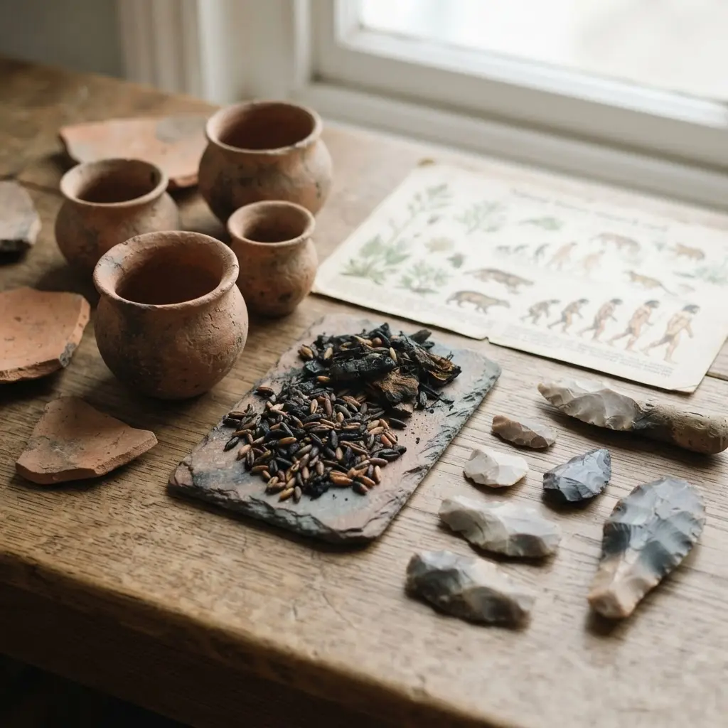 Clay pots, charred grains, and stone tools arranged beside a research card about the Paleo diet.