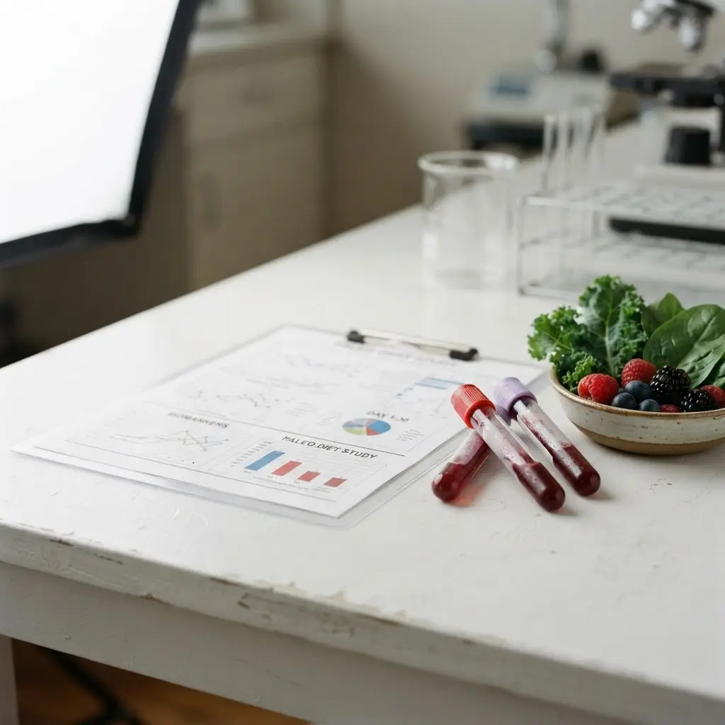 A research chart, blood sample tubes, leafy greens, and berries arranged on a white table.