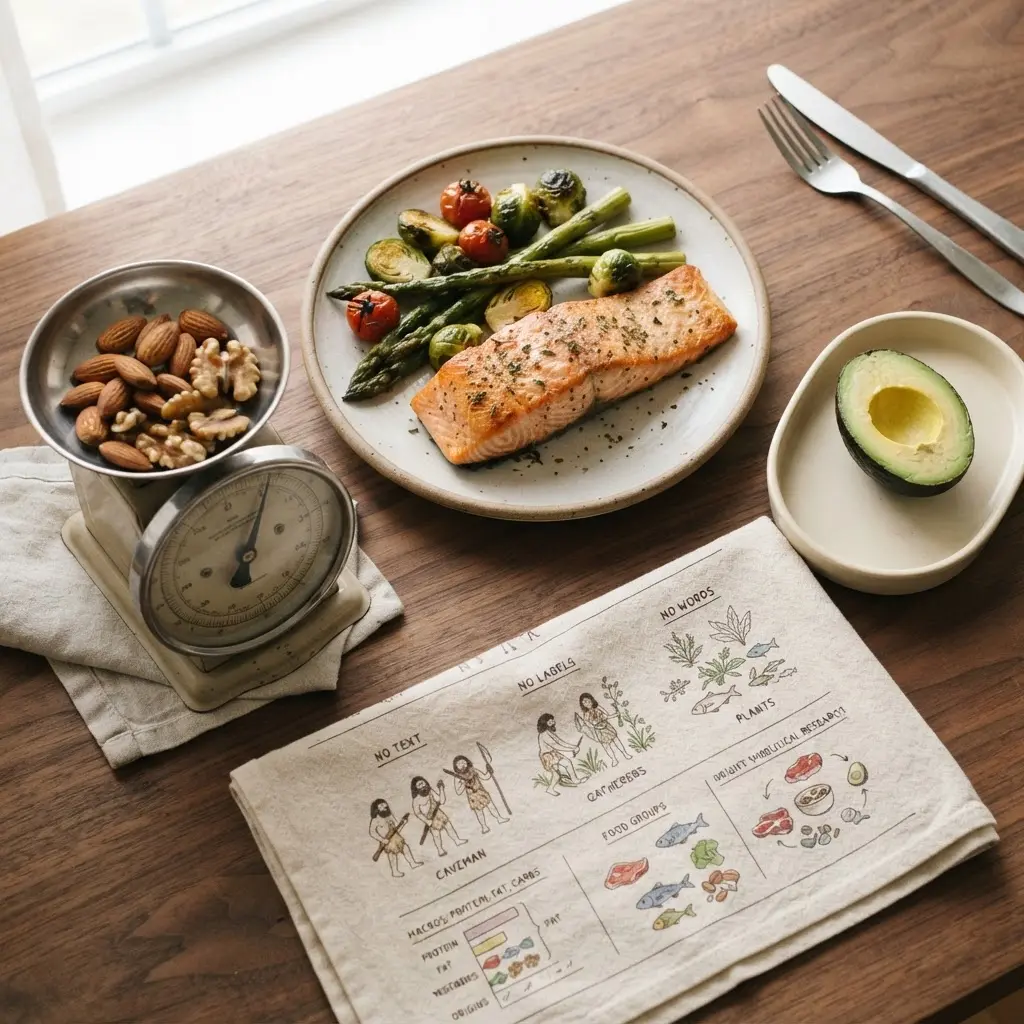 Fish, vegetables, nuts, a food scale, and a chart illustrating Paleo diet research.