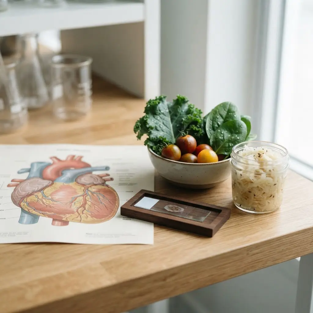 A heart diagram, microscope slide, vegetables, and fermented food arranged beside a research chart.