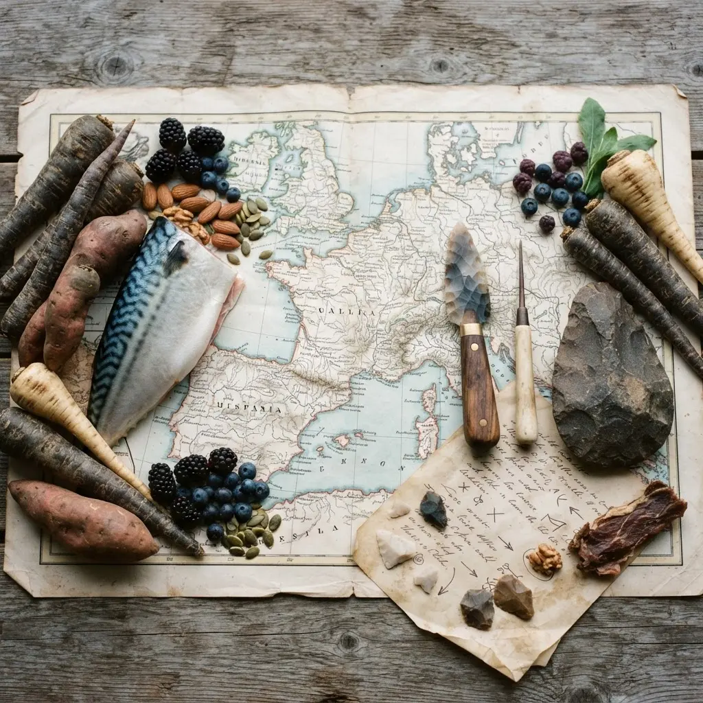Fish, roots, berries, seeds, and stone tools arranged on a map beside Paleo diet notes.