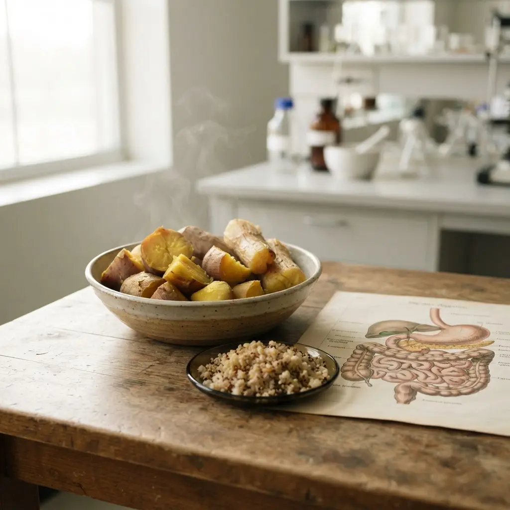Cooked roots, grain kernels, and a digestion diagram displayed on a clean research table.