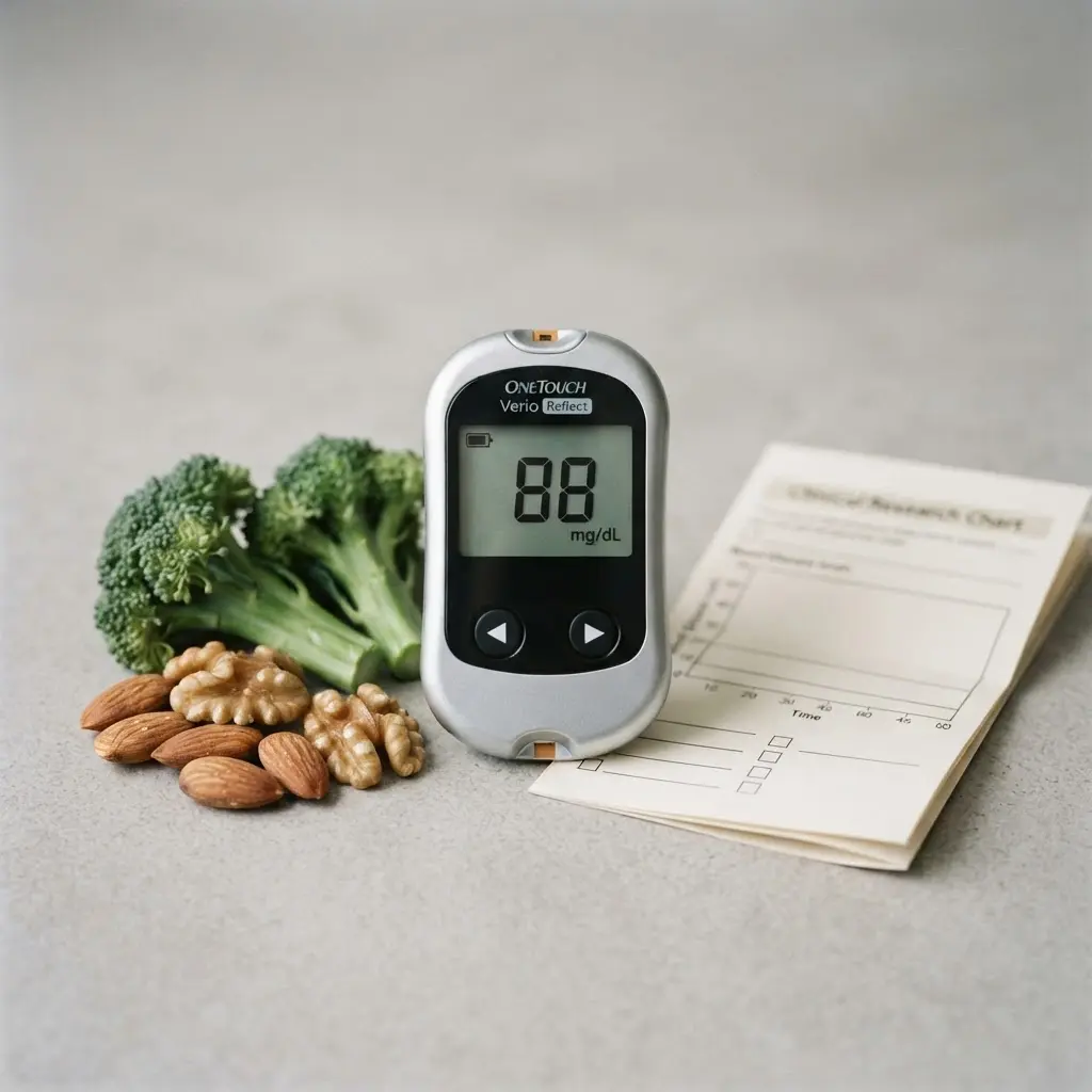 A glucose meter, vegetables, nuts, and a clinical chart arranged to show Paleo diet research limits.