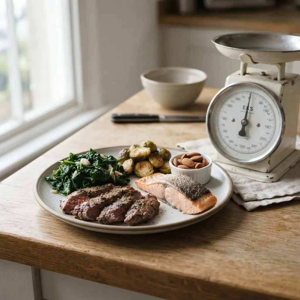 Measured portions of meat, fish, vegetables, and nuts arranged beside a kitchen scale.