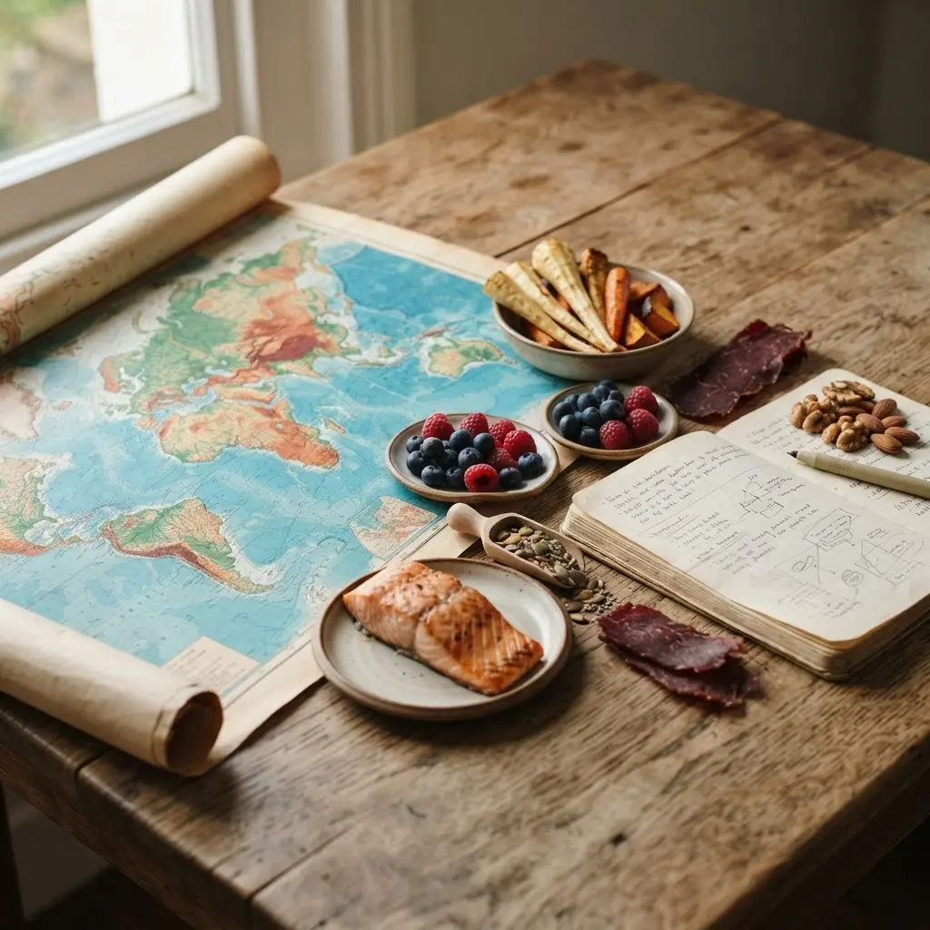 A world map, fish, roots, berries, seeds, and meat arranged beside Paleo diet research notes.