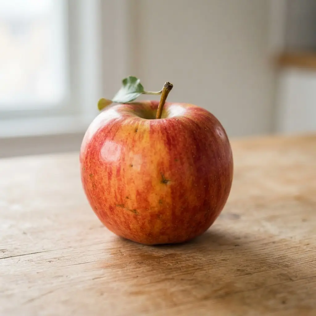 Apple on a plain wooden surface.