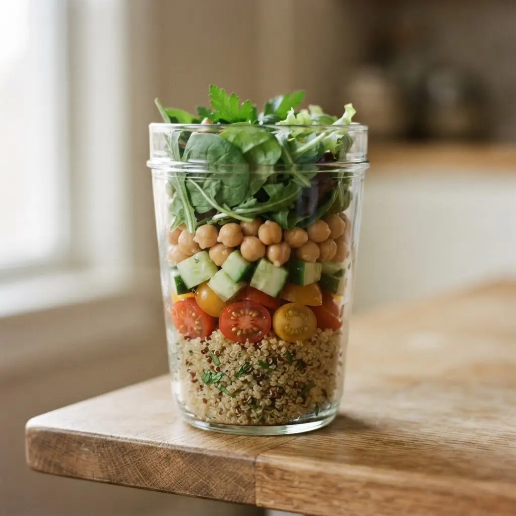 Layered quinoa, tomatoes, cucumber, chickpeas, and greens in a glass jar for tasty but healthy cold lunch ideas.