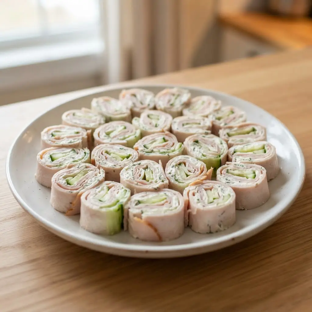 Small smoked turkey pinwheels with cucumber strips and cream cheese arranged in rows inside a lunch container.