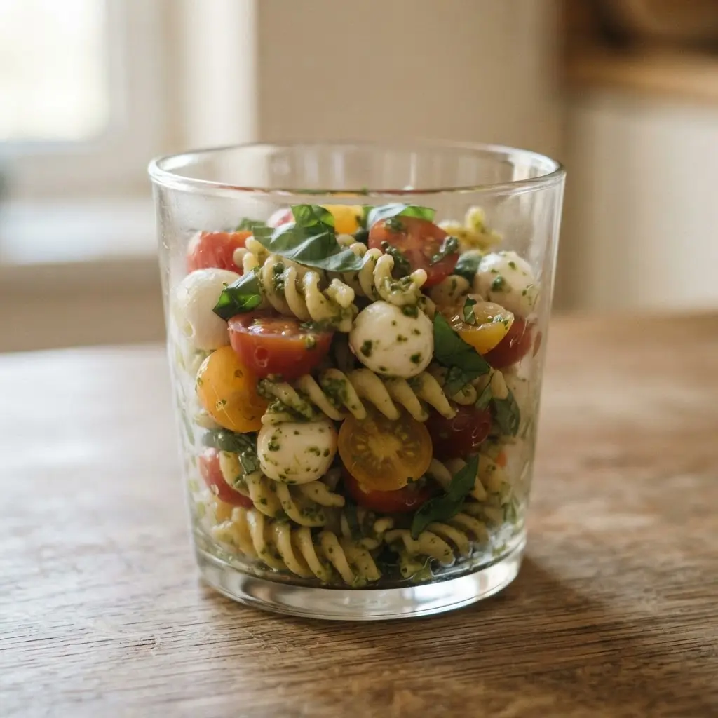 Pasta, cherry tomatoes, mozzarella, basil, and pesto arranged in clear layers inside a glass jar.