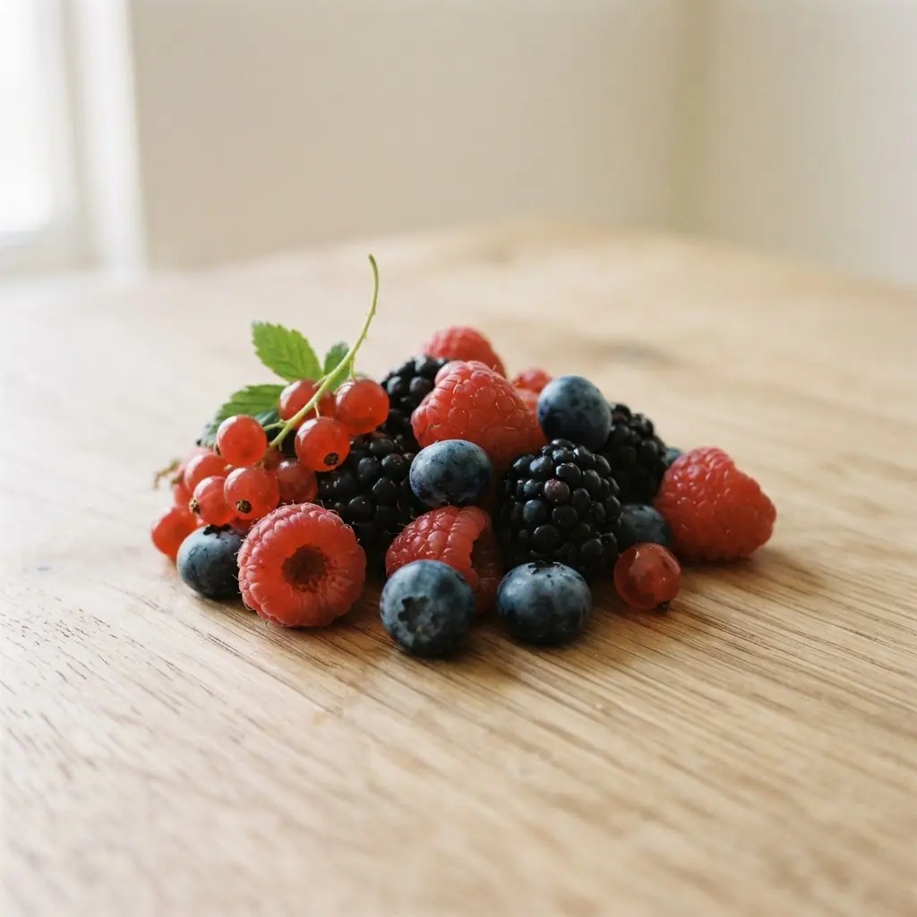 Mixed berries on a plain wooden surface.
