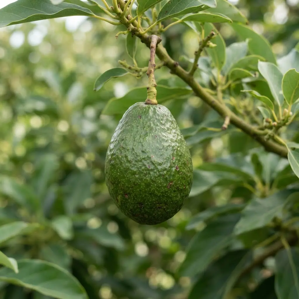 Avocado growing on its plant.