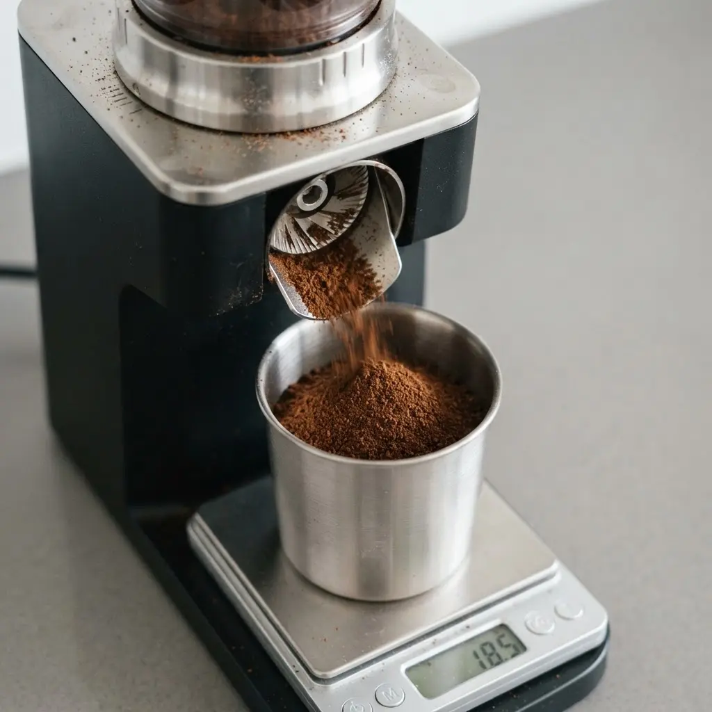 Burr grinder releasing even coffee grounds into a dosing cup beside a scale for things that make a good coffee.