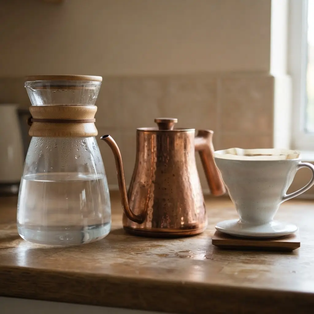 Filtered water in a glass carafe beside a kettle and coffee dripper on a clean counter.