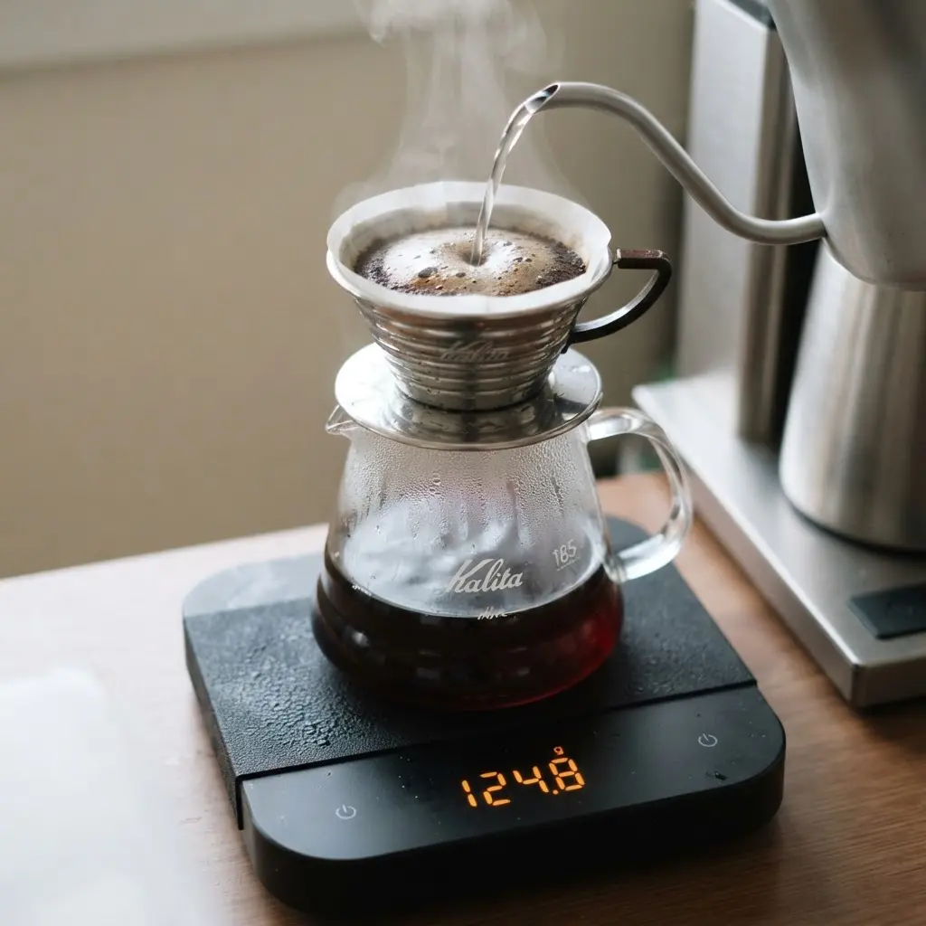 Digital scale weighing coffee grounds and water beside a brewer, showing a measured coffee recipe for a good coffee.