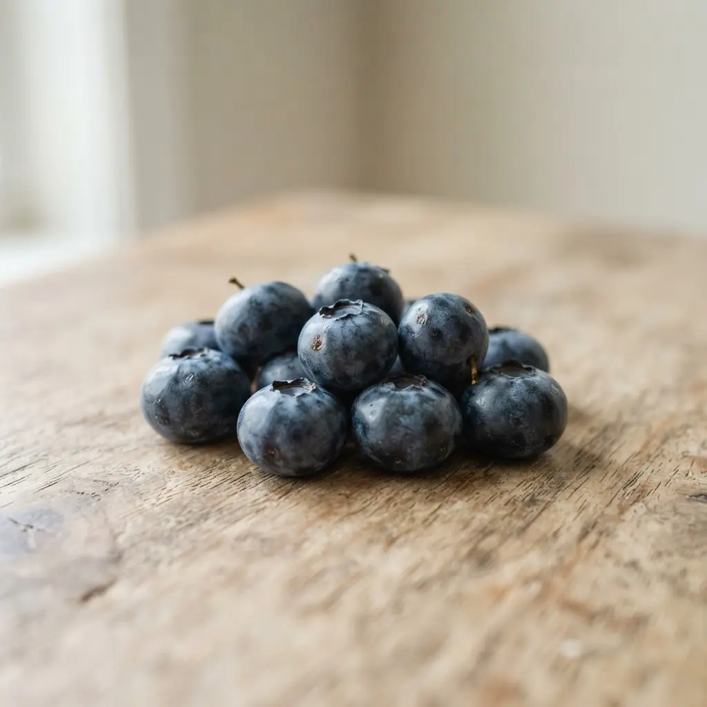Blueberries on a plain wooden surface.
