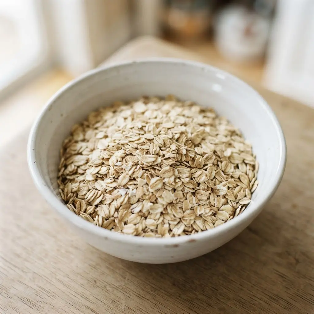 Rolled oats in a plain white bowl in close-up.