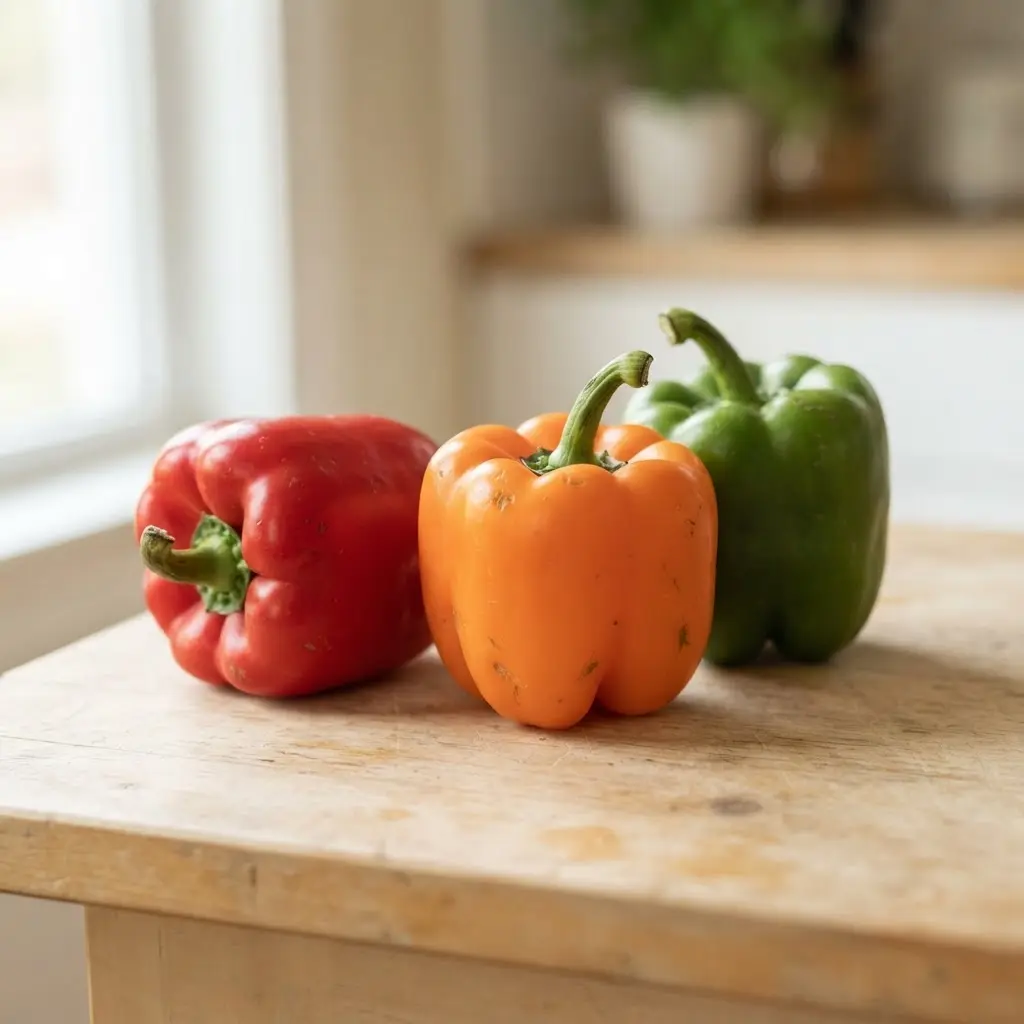 Bell peppers on a plain wooden surface.
