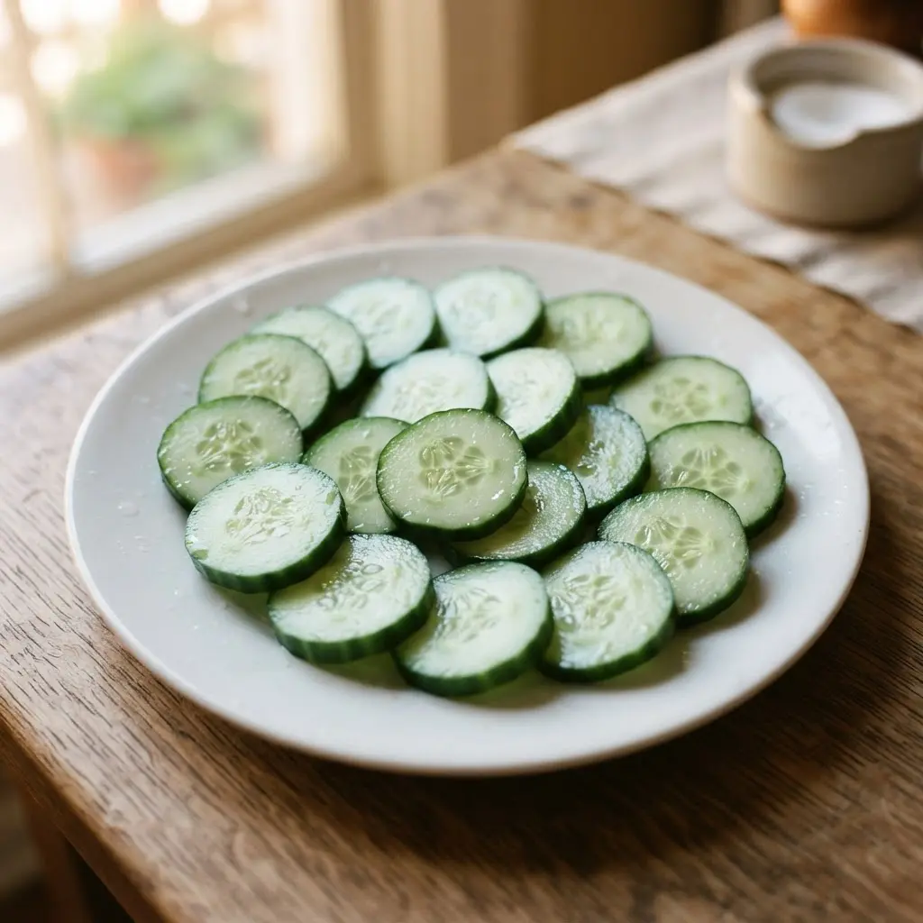 Sliced cucumber on a ceramic plate showing green skin, pale flesh, seeds, and a glass of water nearby.