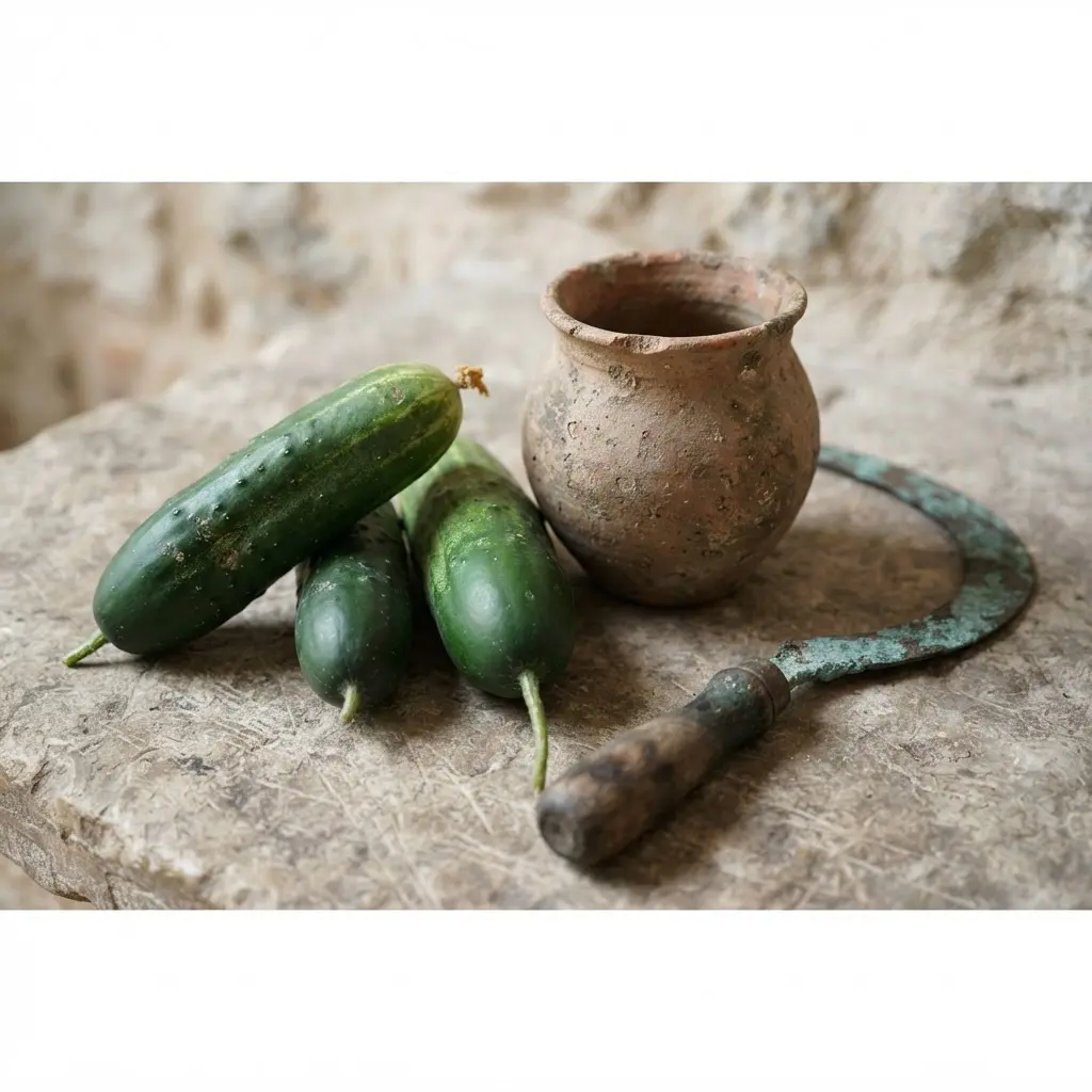 Ancient stone relief beside sliced cucumbers and pottery, illustrating things you didn't know about cucumbers through early cultivation.