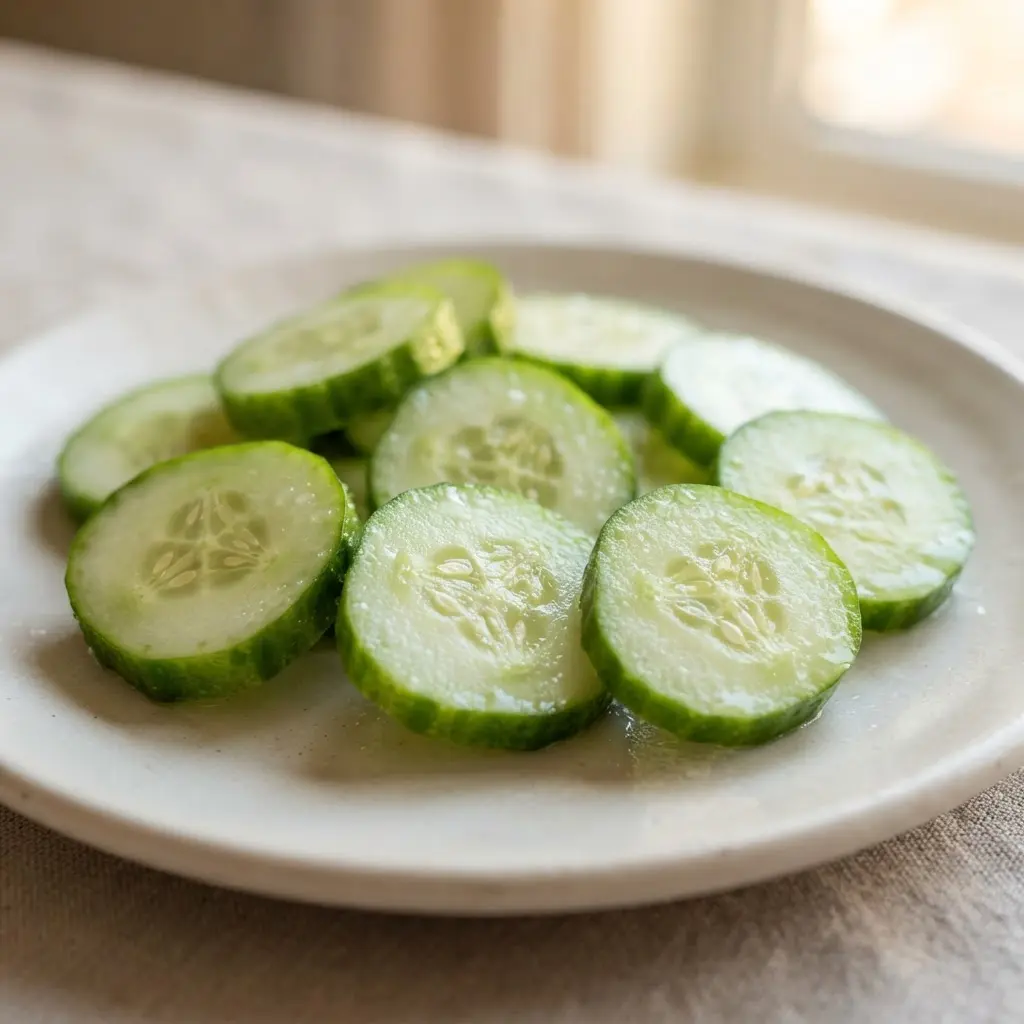 Close view of chilled cucumber slices with beads of moisture, pale centers, green edges, and visible seeds.