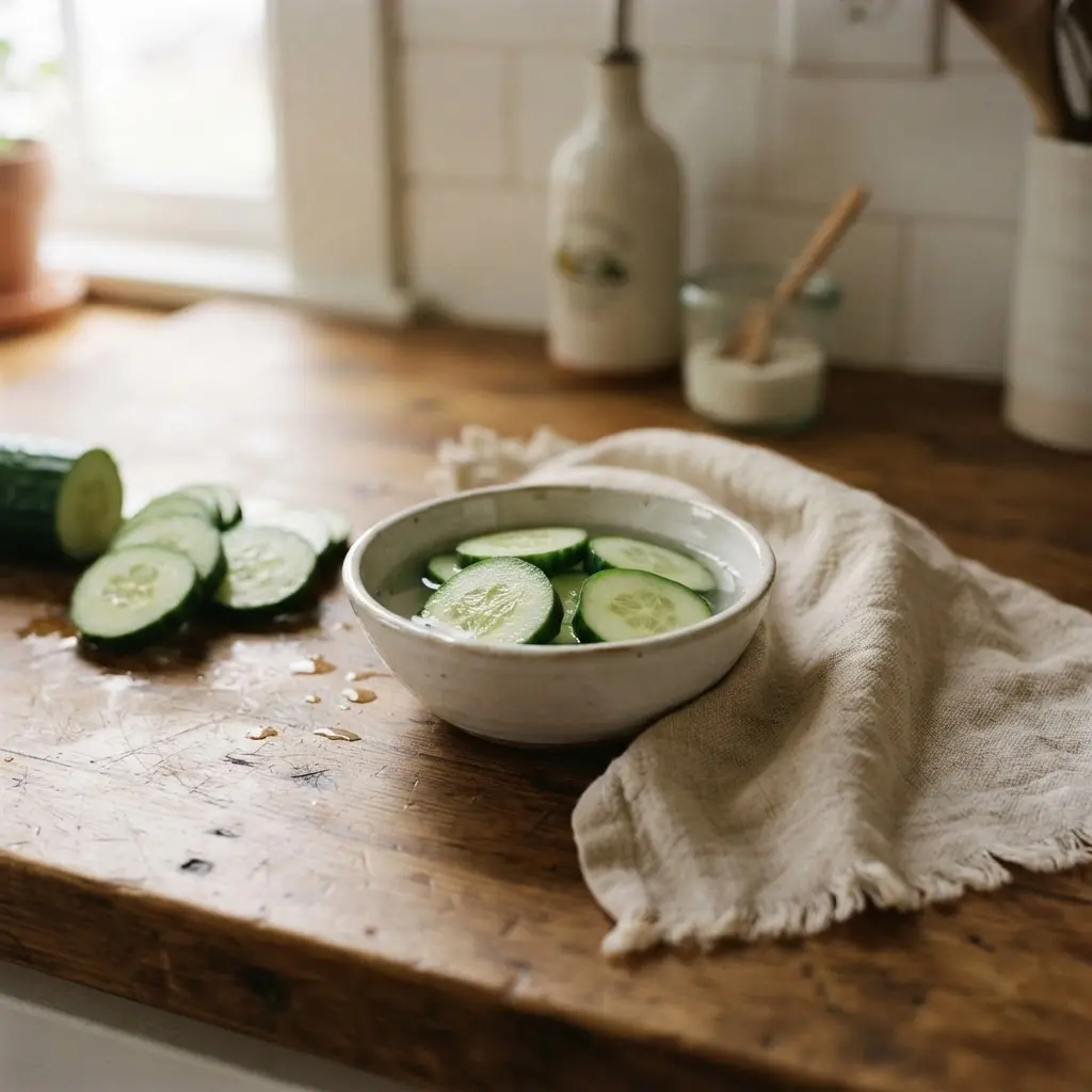 Cucumber slices beside a cloth and bowl on a kitchen counter, showing things you didn't know about cucumbers in household use.