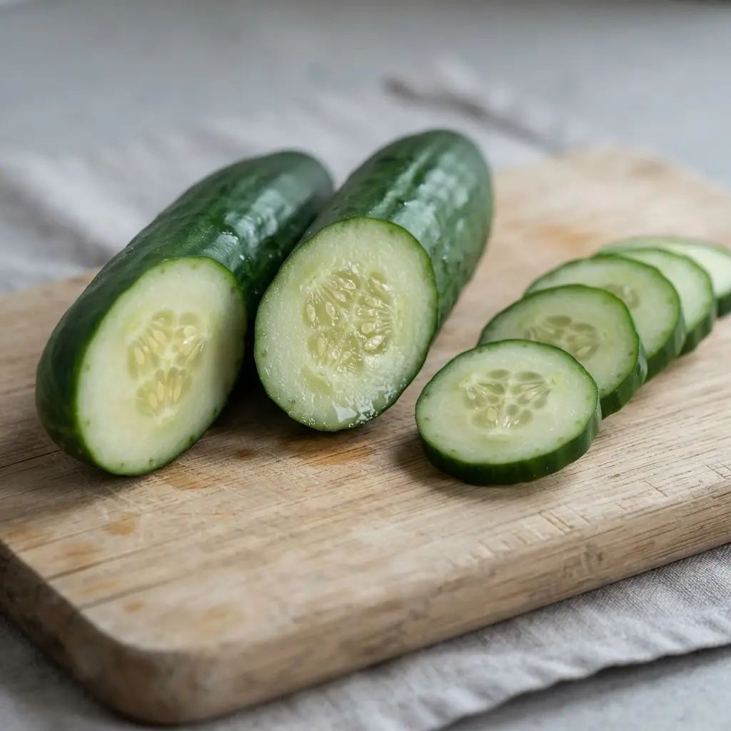 Split cucumber showing green skin, pale flesh, seeds, and sliced pieces arranged on a wooden cutting board.