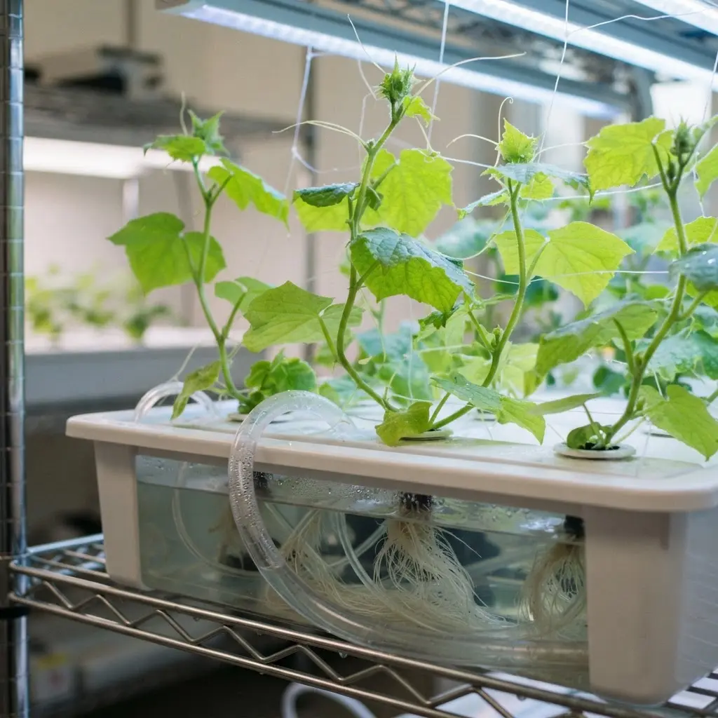 Cucumber vines under soft laboratory lights with growing trays, illustrating things you didn't know about cucumbers in space research.