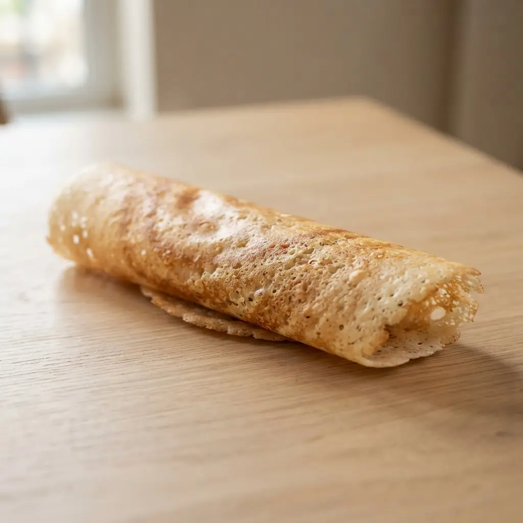 Dosa on a plain wooden surface.
